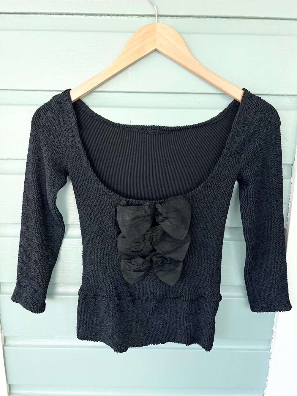 Vintage Hunza G black crinkle fabric cut out bow back top coquette pretty woman